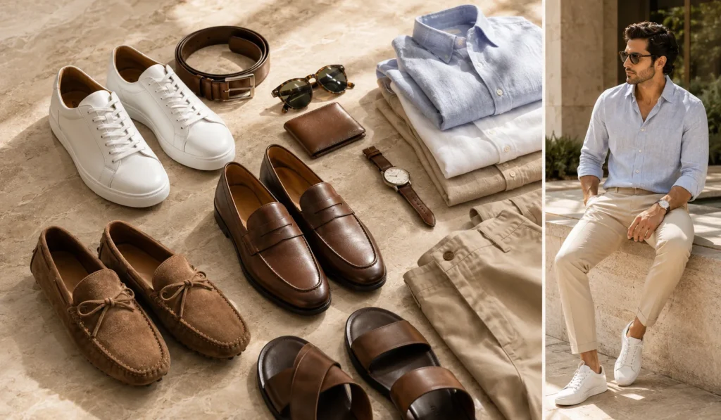 Collection of men's summer footwear including loafers white sneakers driving shoes and leather sandals