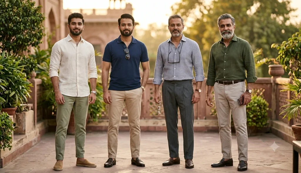 Four stylish Pakistani men in their 20s, 30s, 40s and 50s wearing age-appropriate summer outfits.