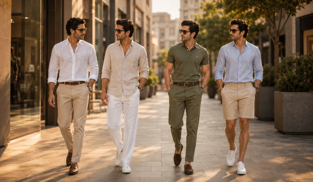 Pakistani men wearing beige chinos linen trousers tailored shorts and loafers during summer