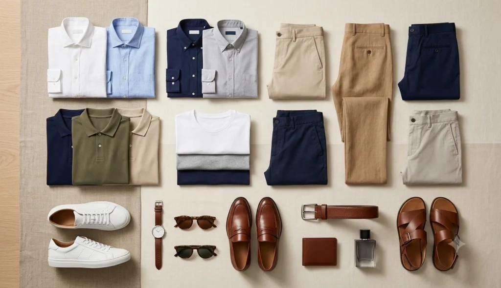 Flat lay of a complete men's summer capsule wardrobe featuring linen shirts, polo shirts, chinos, loafers, sneakers and accessories.