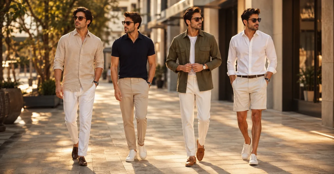 Stylish Pakistani men wearing modern summer wardrobe essentials including linen shirts chinos loafers and sunglasses