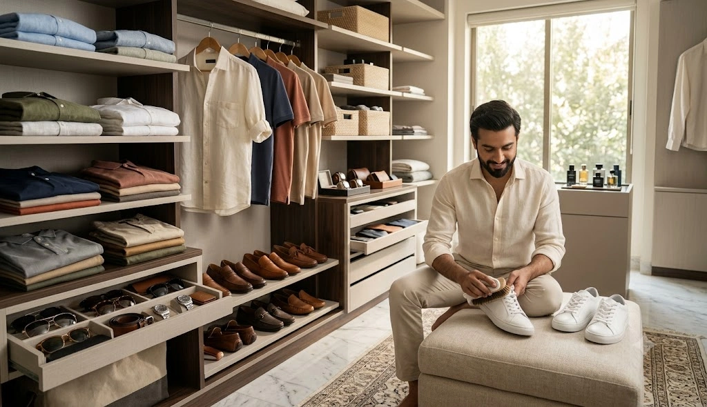 Stylish man carefully folding linen shirts and cleaning white sneakers while organizing a modern summer wardrobe.