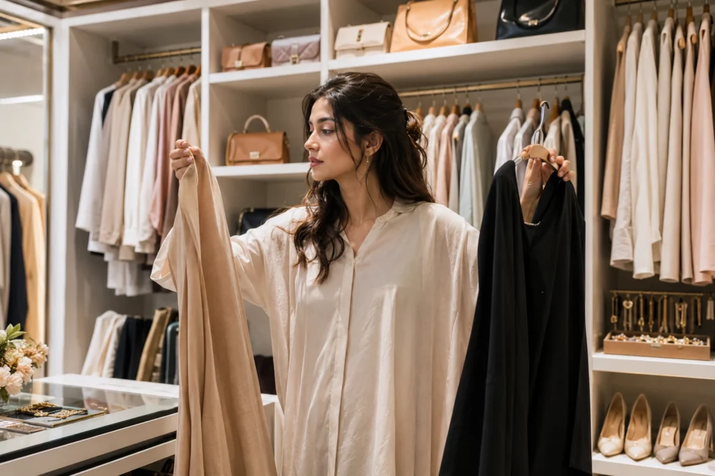 Woman selecting clothing from a modern organised wardrobe