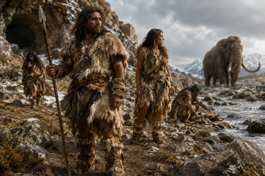 Early humans wearing animal skin clothing during prehistoric times