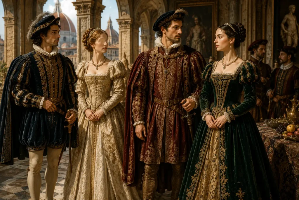 Renaissance men and women wearing luxurious European clothing