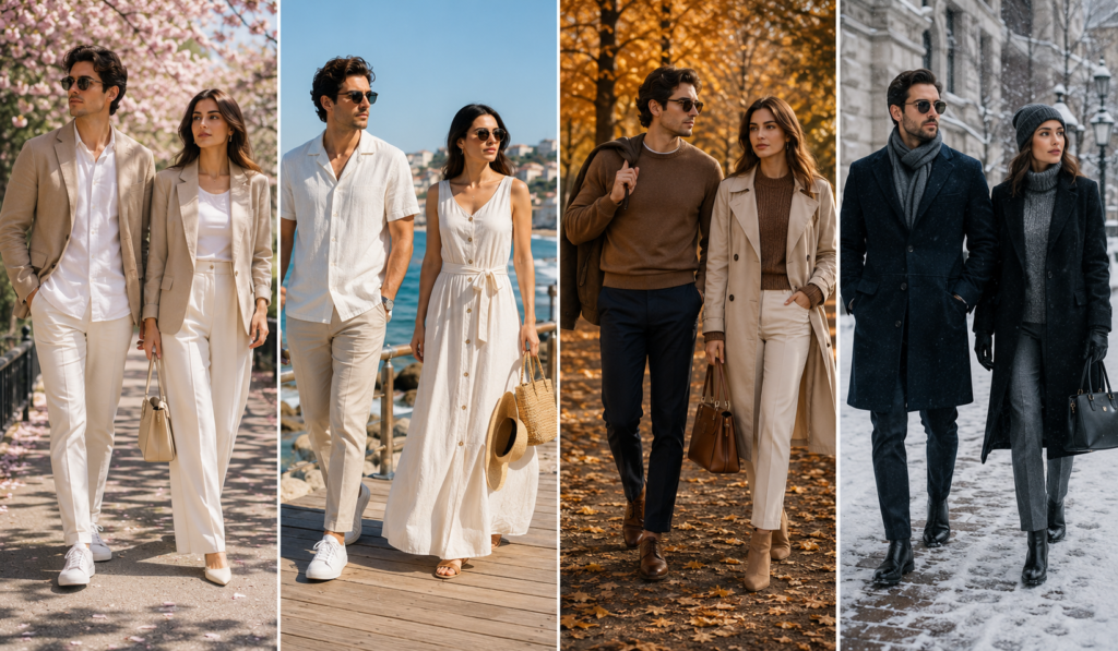 Seasonal capsule wardrobe showing clothing for spring, summer, autumn and winter