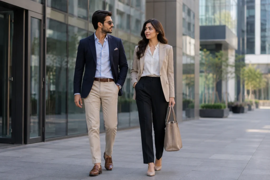 Man and woman wearing elegant smart casual outfits