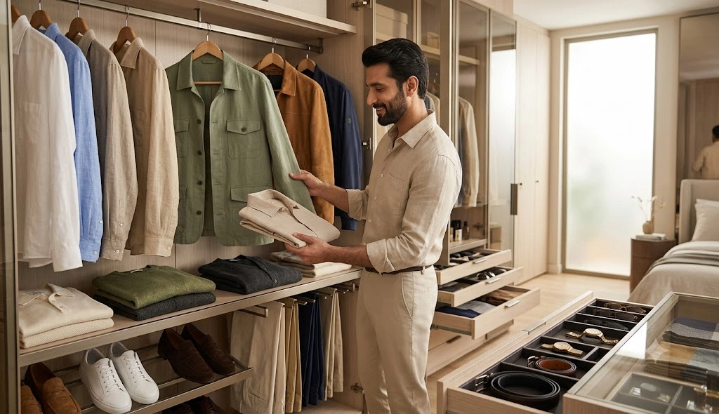 Pakistani man transitioning from summer to autumn wardrobe with linen shirts, lightweight jacket and chinos in a modern closet.