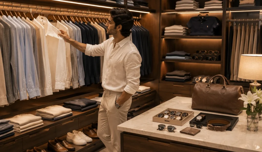 Stylish Pakistani man organizing timeless summer wardrobe essentials in a modern walk-in closet