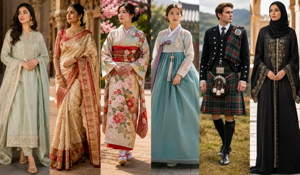 Traditional clothing from Pakistan, Japan, India, Scotland, and the Middle East