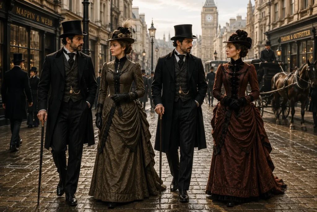 Victorian men and women wearing elegant 19th-century clothing