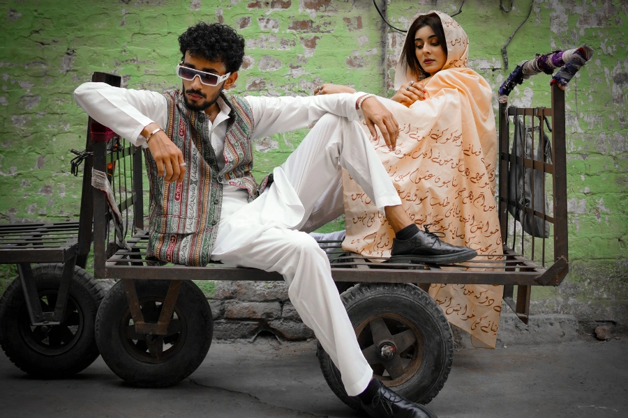 Woman and man wearing modern fashionable outfits