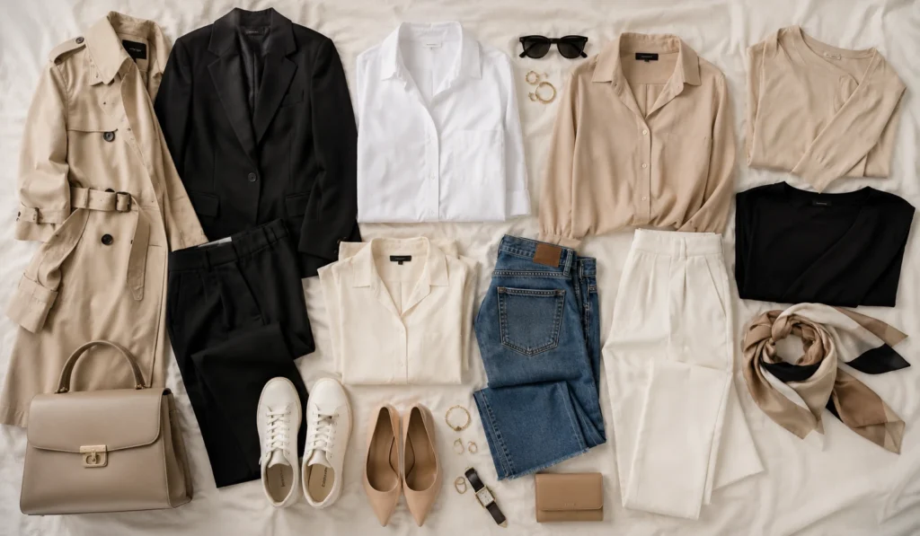 Women's capsule wardrobe featuring timeless clothing, shoes and accessories in neutral colours