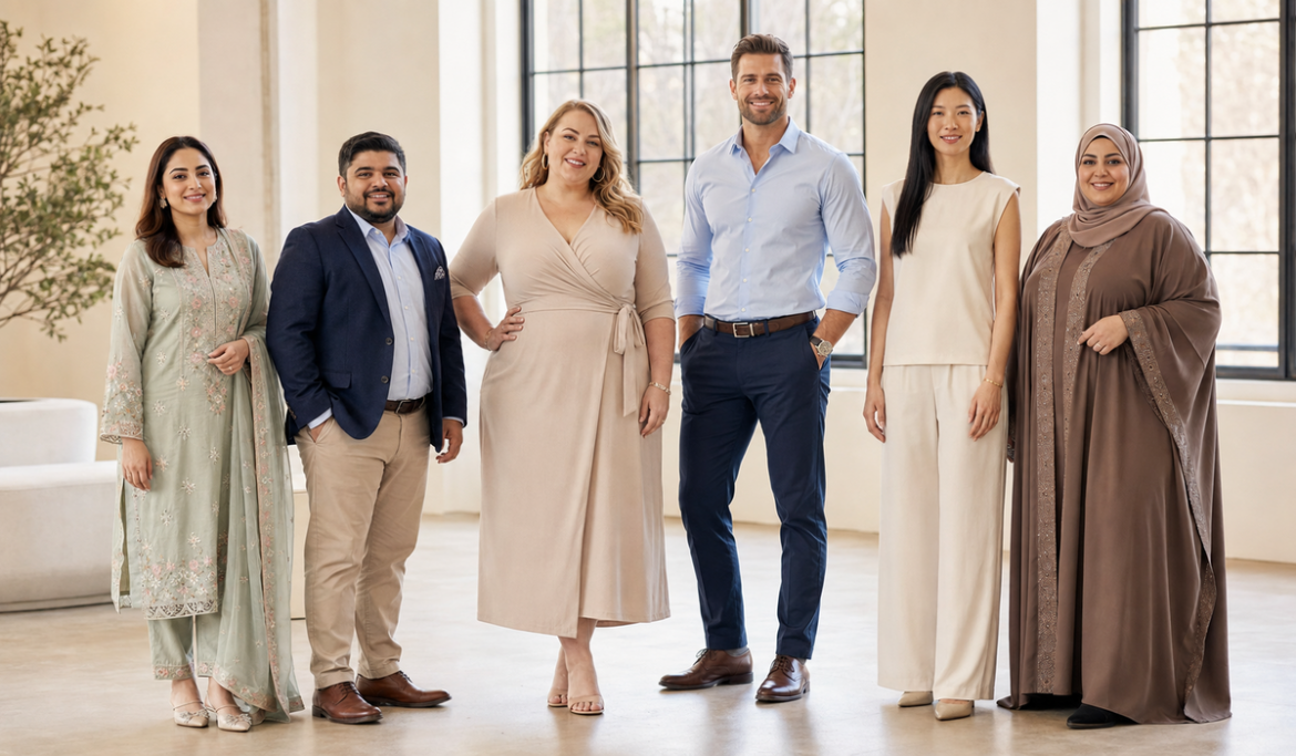 How to dress for your body type with diverse men and women wearing flattering outfits.