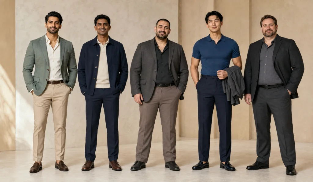 Different male body types wearing well-fitted clothing.