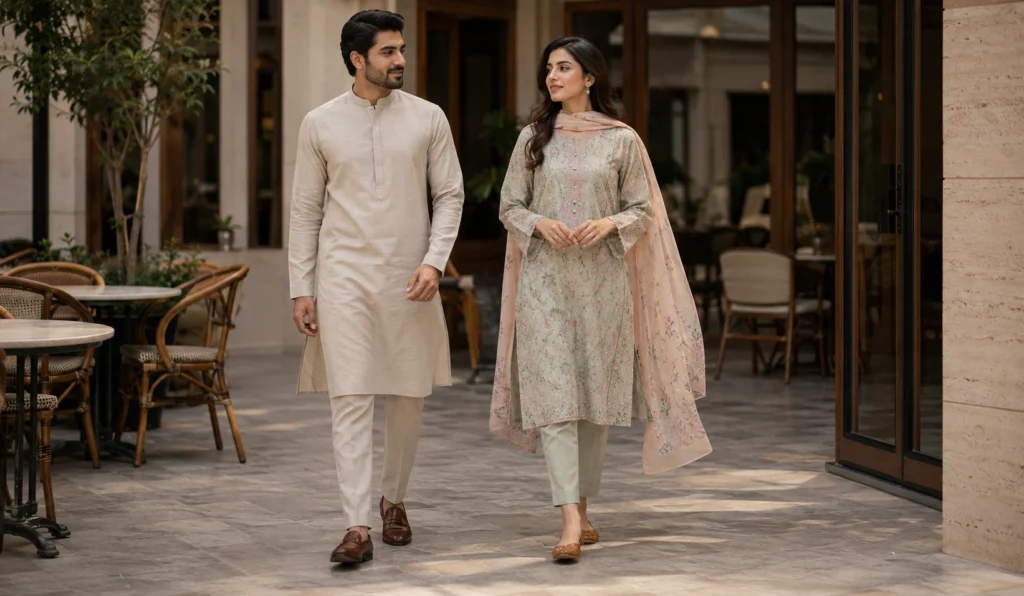 Pakistani man and woman wearing modern smart casual outfits