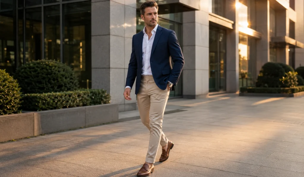Man wearing a navy blazer with chinos in a modern office district