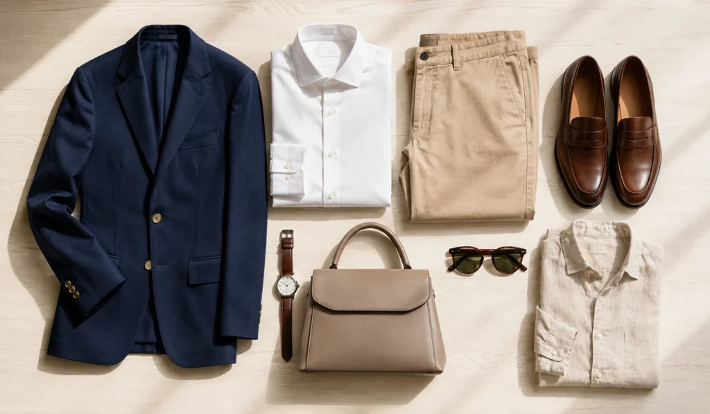 Essential smart casual wardrobe pieces laid out on a table