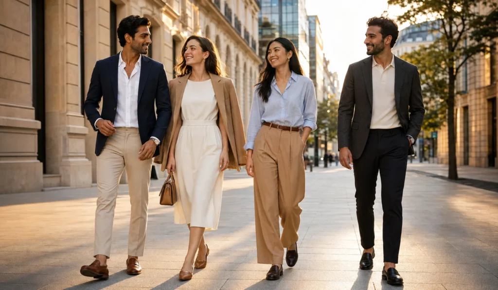 Professionals walking confidently in timeless smart casual clothing